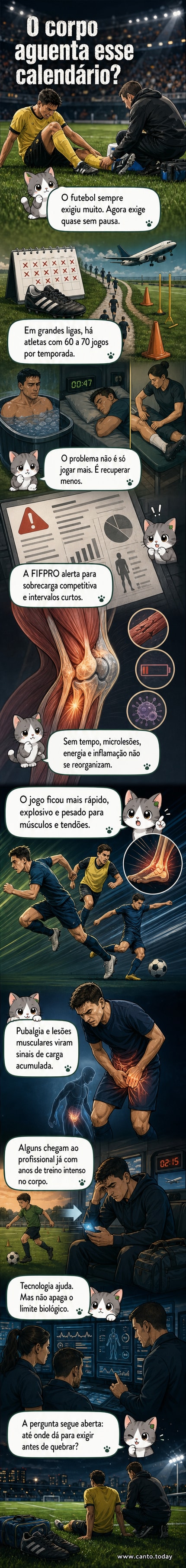 Ilustração de um jogador de futebol exausto no gramado, com músculos estressados e um calendário cheio flutuando ao fundo, simbolizando a pressão do futebol moderno sobre o corpo humano.