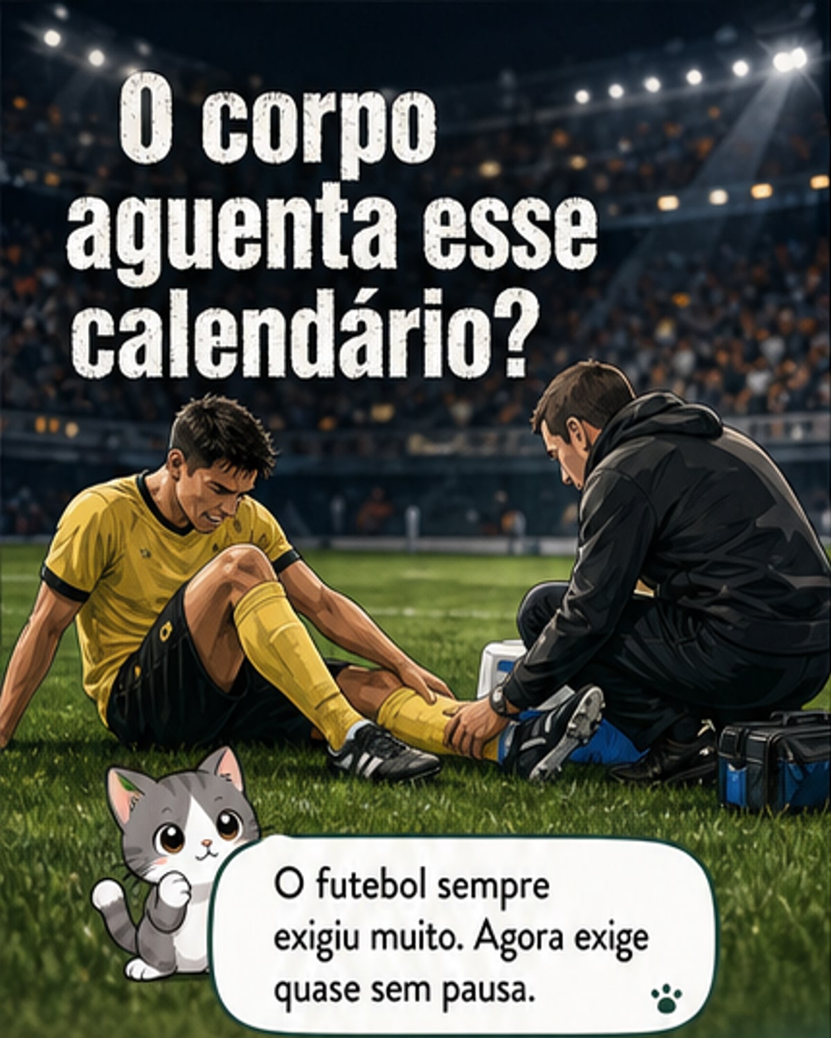 Ilustração de um jogador de futebol exausto no gramado, com músculos estressados e um calendário cheio flutuando ao fundo, simbolizando a pressão do futebol moderno sobre o corpo humano.