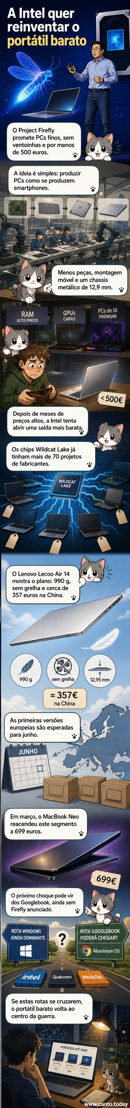 Ilustração de um portátil fino e moderno com design sem ventoinhas, ao lado de um smartphone, simbolizando a integração entre as tecnologias de fabricação.