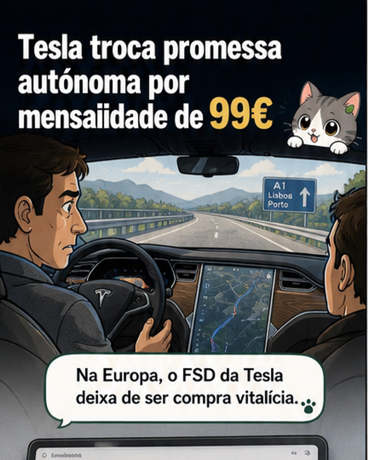 Tesla exige mensalidade para recurso de condução autónoma
