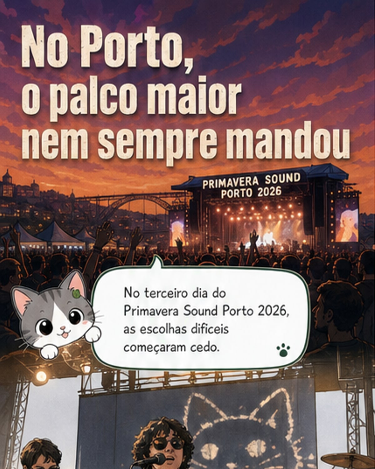 Fotografias do Primavera Sound Porto 2026 mostram performances ao ar livre com público sob sol forte, palcos iluminados ao entardecer e músicos em destaque como Amaro Freitas ao piano e membros das Smerz com luzes suaves.