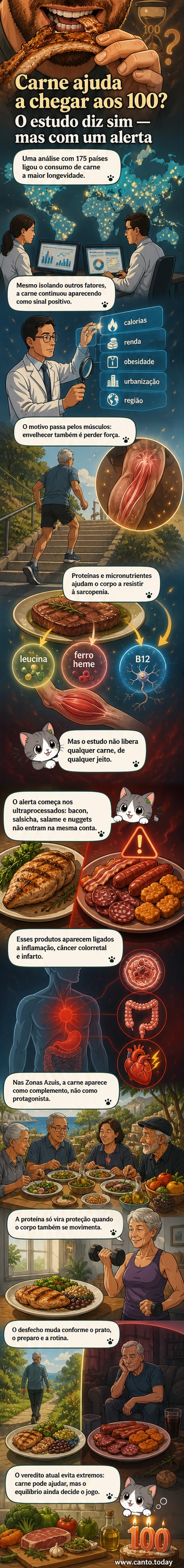 Ilustração de um prato equilibrado com carne magra, vegetais coloridos e azeite, ao lado de um idoso ativo caminhando em uma paisagem natural.