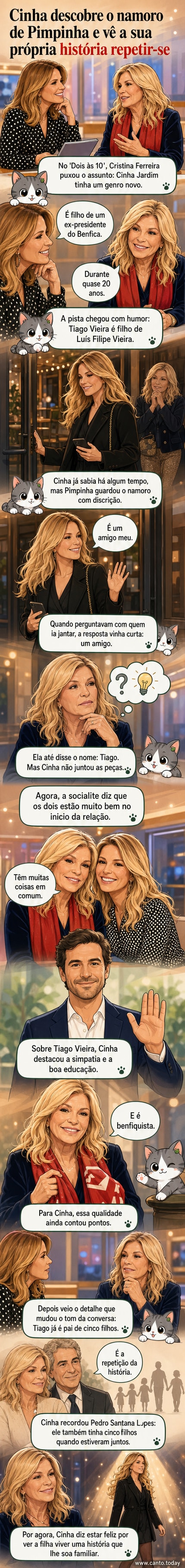 Ilustração de Cinha Jardim sorrindo enquanto segura uma xícara de café, com uma seta apontando para uma foto pequena de Pimpinha Jardim e Tiago Vieira juntos, e uma legenda 'História que se repete'.