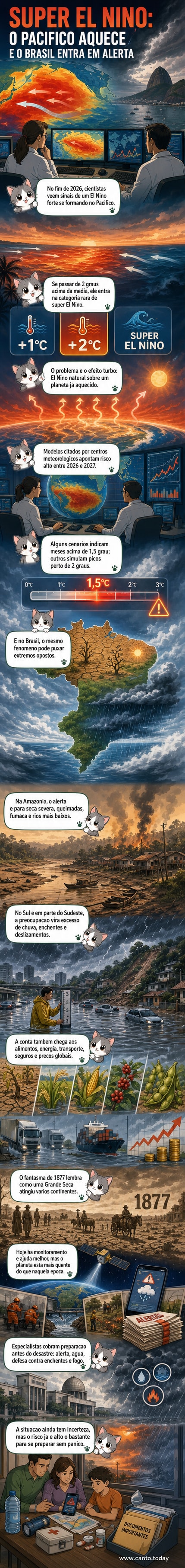Ilustração de um oceano aquecido com padrões climáticos alterados, mostrando secas e enchentes em diferentes regiões do mundo, com destaque para o Brasil.