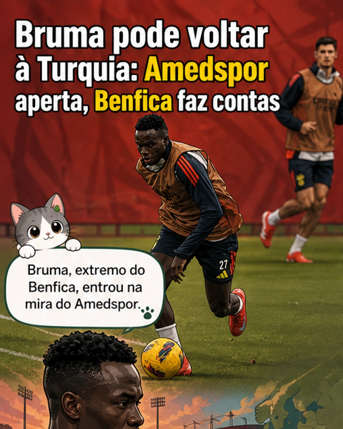 Bruma, jogador do Benfica, em ação no campo com a camisola encarnada, com fundo de estádio cheio.