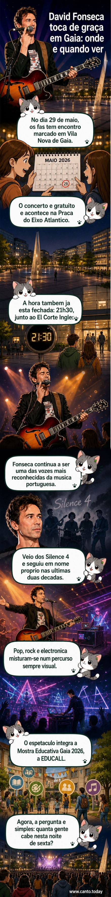 Cartaz anunciando um concerto gratuito de David Fonseca na Praça do Eixo Atlântico, em Vila Nova de Gaia, no dia 29 de maio de 2026.
