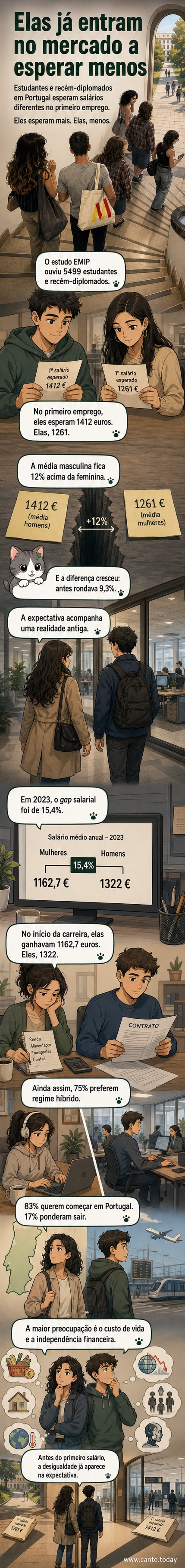 Ilustração de dois jovens recém-formados, um homem e uma mulher, segurando contratos de trabalho com valores diferentes, simbolizando a diferença nas expectativas salariais de gênero em Portugal.