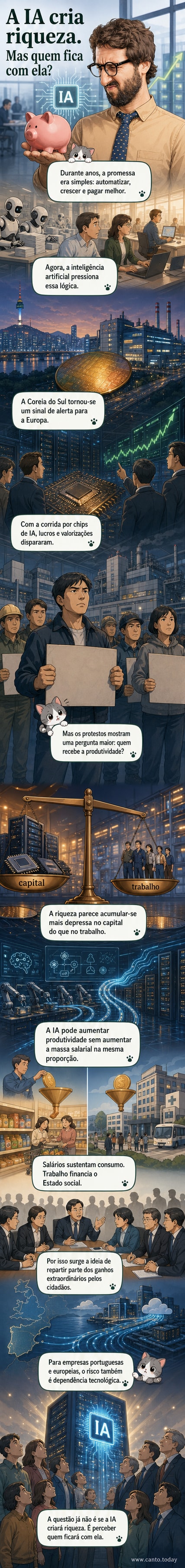 Ilustração de um trabalhador ao lado de um chip de IA, com gráficos de crescimento de lucros e salários divergindo visualmente.