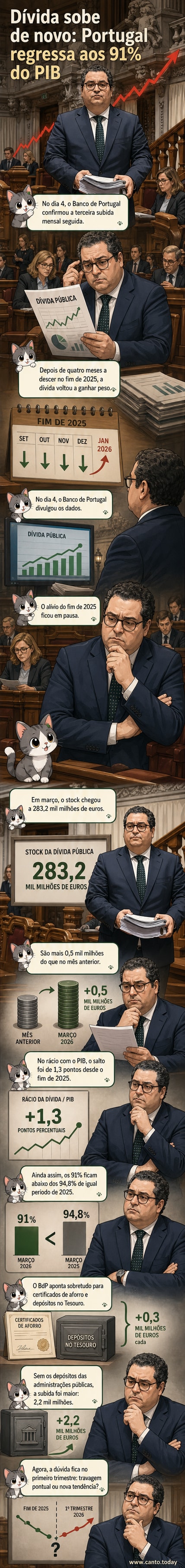 Gráfico mostrando a evolução da dívida pública de Portugal em relação ao PIB, com alta no primeiro trimestre de 2026 após queda em 2025.