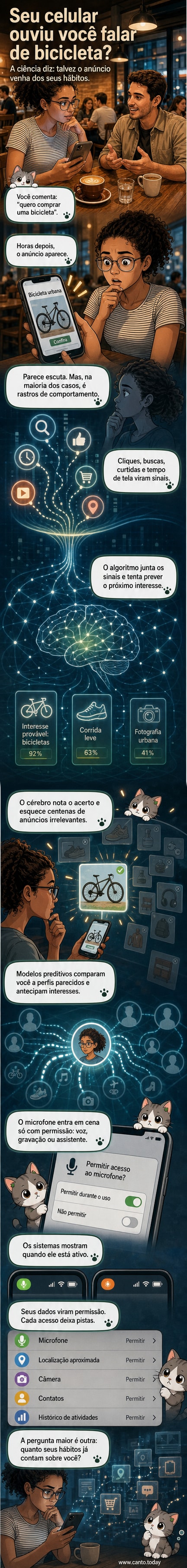 Ilustração de um smartphone com olhos e antenas, cercado por ícones de dados, microfone, localização e anúncios de bicicleta flutuantes.