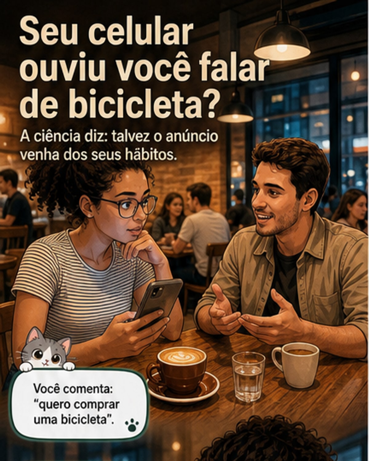 Ilustração de um smartphone com olhos e antenas, cercado por ícones de dados, microfone, localização e anúncios de bicicleta flutuantes.