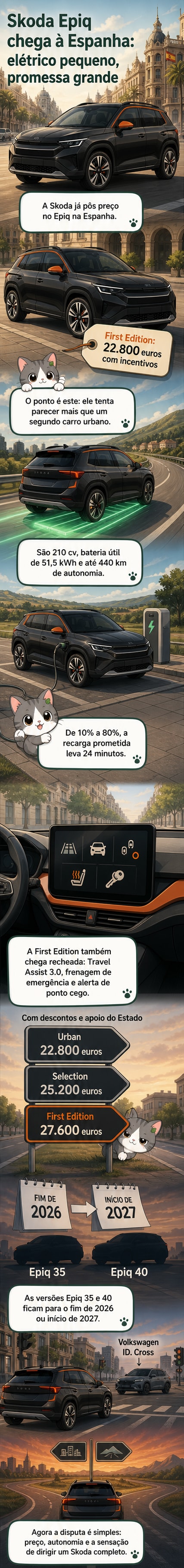 Skoda Epiq 55 First Edition em cor prata com teto preto e acentos laranja, estacionado em ambiente urbano com detalhes do interior visíveis