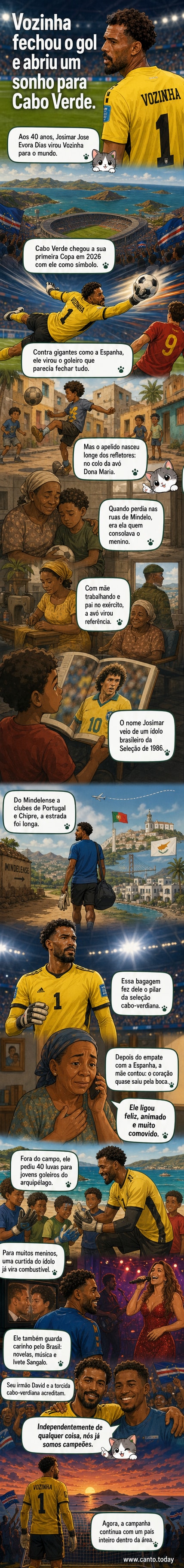 Retrato do goleiro Vozinha sorrindo com a camisa da seleção de Cabo Verde, ao fundo uma multidão vibrando em um estádio durante a Copa do Mundo 2026.
