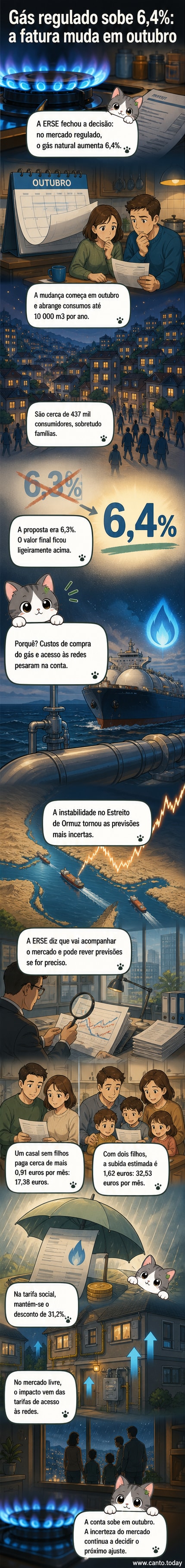 Ilustração de uma casa com contadores de gás e eletricidade, com setas de aumento a destacar o reajuste tarifário a partir de outubro.