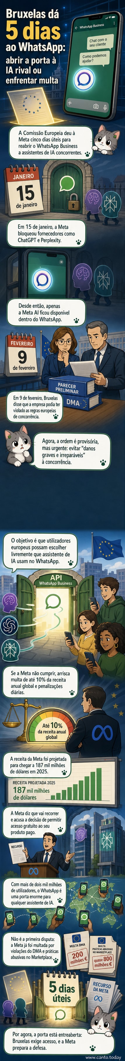 Ilustração de um smartphone com o app WhatsApp aberto, sendo cercado por ícones de inteligência artificial concorrentes, com um símbolo da União Europeia ao fundo exigindo acesso.