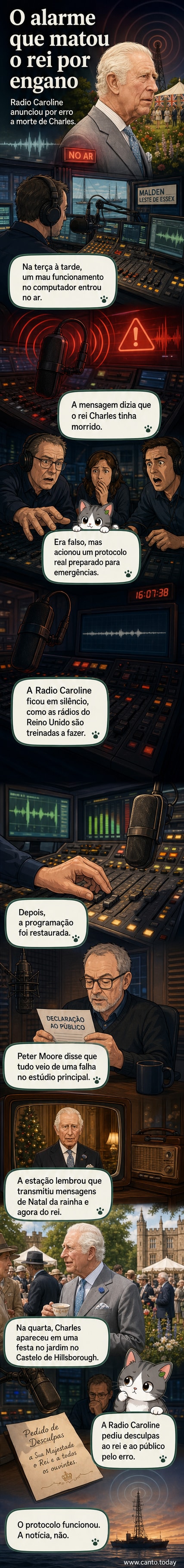 Ilustração de uma cabine de rádio com luzes vermelhas piscando, enquanto um locutor parece surpreso ao microfone, com a legenda 'Erro ao vivo: rei Charles morto?'