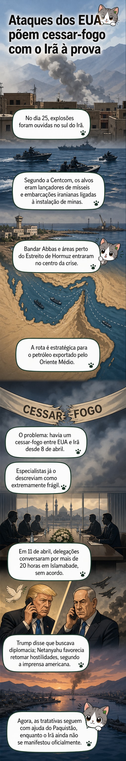 Ilustração de um mapa com destaque no Estreito de Hormuz, onde aviões militares dos EUA sobrevoam embarcações iranianas durante um ataque no sul do Irã.