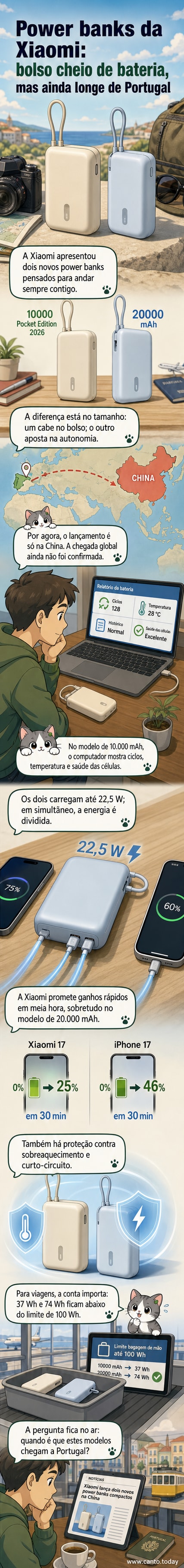 Ilustração dos dois novos power banks da Xiaomi: modelo compacto de 10.000 mAh e versão maior de 20.000 mAh, ambos com cabo USB-C integrado e portas visíveis.