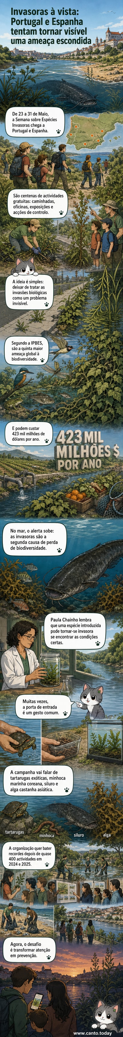 Ilustração de uma paisagem mista com rios, campos e montanhas em Portugal e Espanha, onde espécies invasoras como tartarugas exóticas, peixes gigantes e plantas não nativas aparecem em destaque, com pessoas participando em atividades de sensibilização.