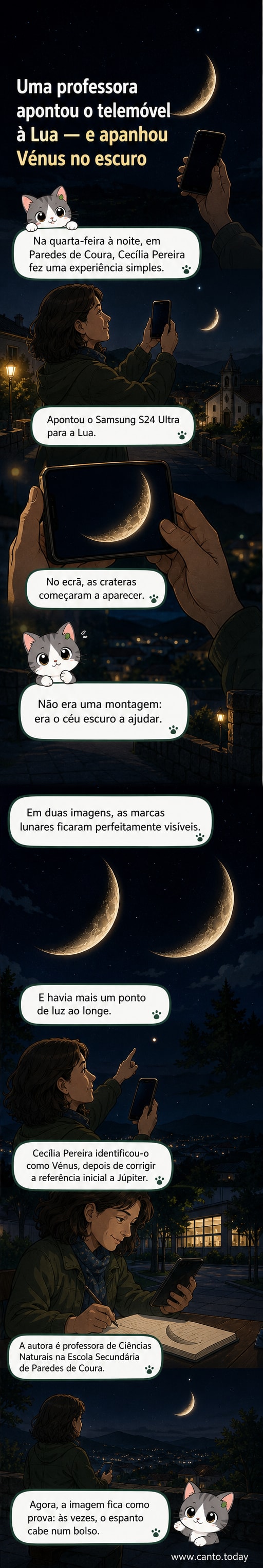 Fotografia da Lua tirada com telemóvel, mostrando crateras visíveis e, ao fundo, um ponto luminoso identificado como o planeta Vénus.