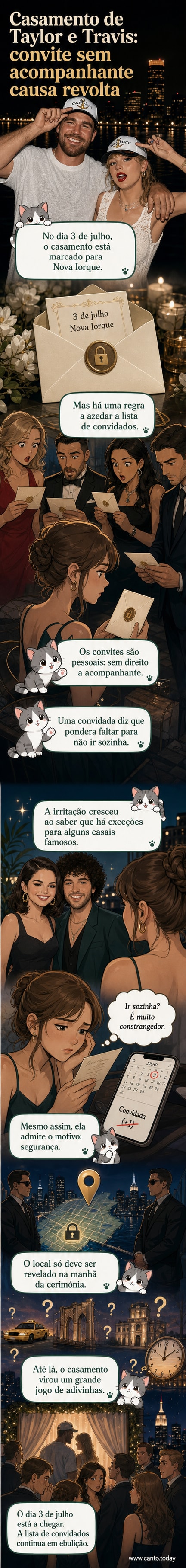 Ilustração de um convite de casamento com a frase 'Sem acompanhantes' em destaque, ao lado de silhuetas de celebridades a discutir.