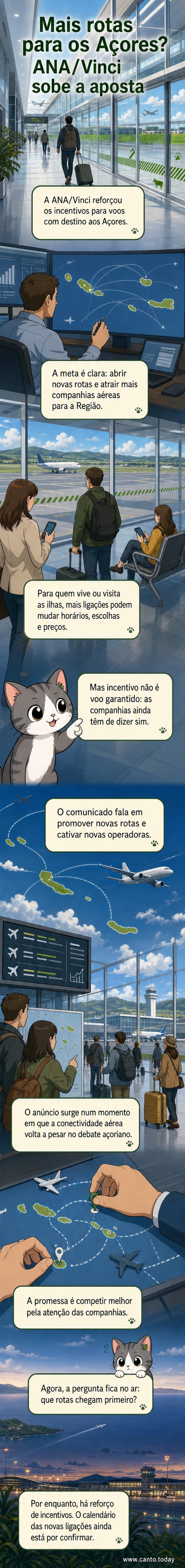 Ilustração de um avião sobrevoando as ilhas dos Açores, com setas indicando novas rotas aéreas e ícones de incentivos financeiros.