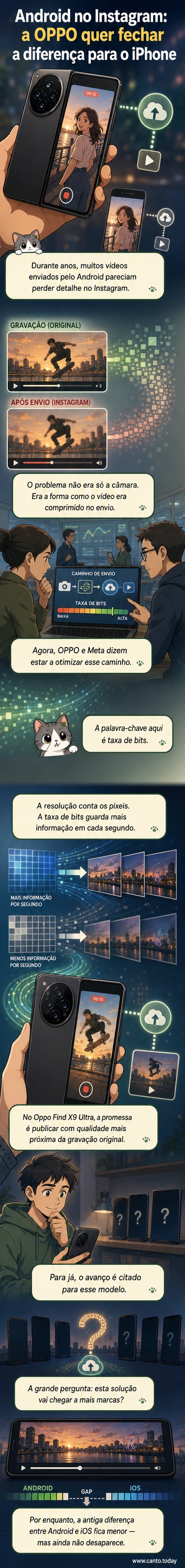 Representação visual de um smartphone Oppo enviando um vídeo de alta qualidade para o Instagram, com gráficos mostrando taxa de bits preservada durante o upload.