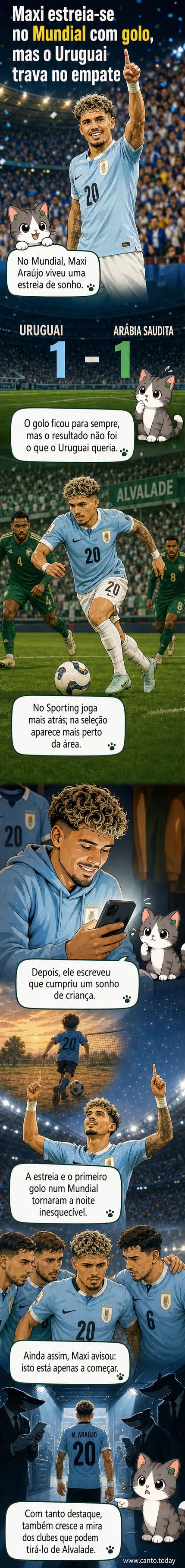 Maxi Araújo comemora gol pela seleção uruguaia no Mundial 2026, com a camisa celeste e fundo de estádio lotado.