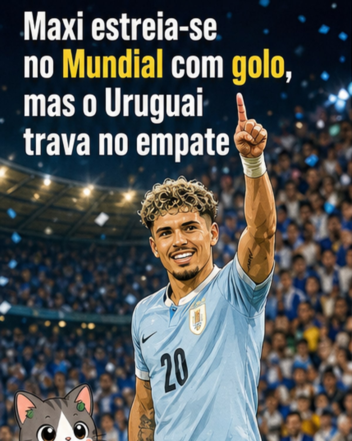 Maxi Araújo comemora gol pela seleção uruguaia no Mundial 2026, com a camisa celeste e fundo de estádio lotado.