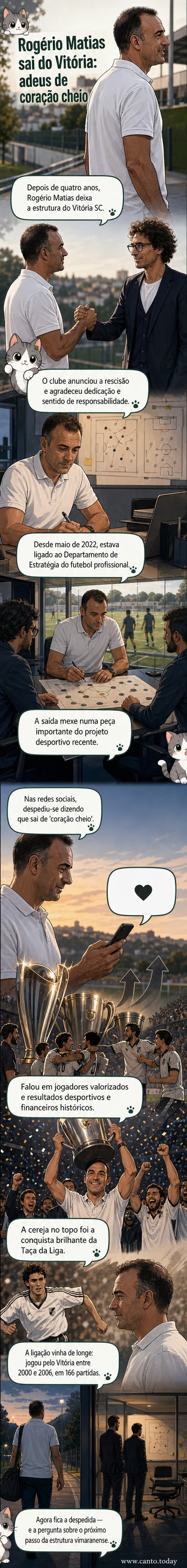 Ilustração de Rogério Matias de braços abertos diante do estádio do Vitória SC, com troféus e gráficos de crescimento ao fundo.