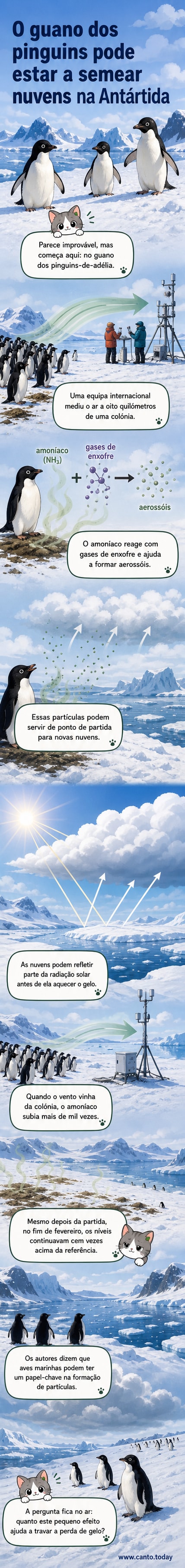 Ilustração de pinguins na Antártida com nuvens formando-se acima de uma colónia, representando a transformação do guano em partículas que geram nuvens.