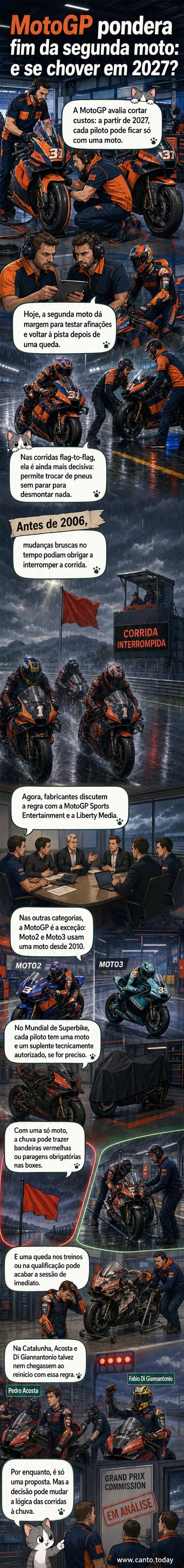 Ilustração de duas motos de MotoGP lado a lado, com um sinal de interrogação acima, simbolizando a possível eliminação da regra das duas motos a partir de 2027.