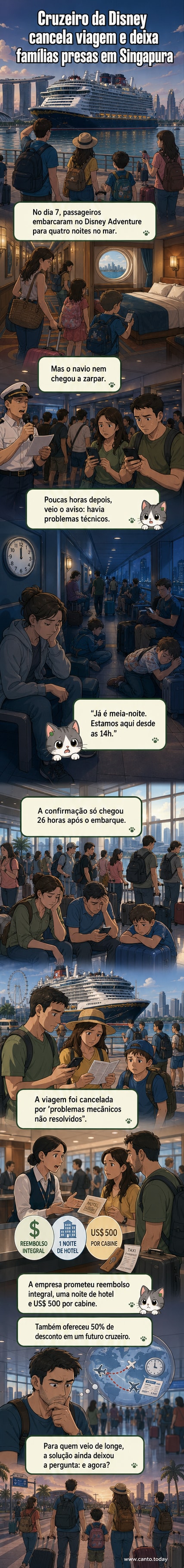 Ilustração de um grande navio de cruzeiro parado no porto de Singapura, com passageiros confusos no convés e malas no chão, simbolizando o cancelamento inesperado da viagem da Disney.