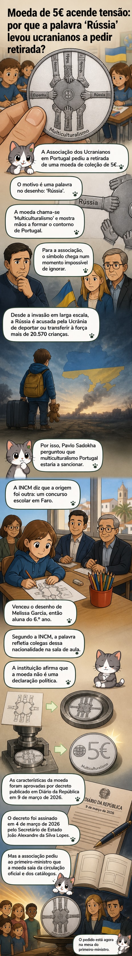 Ilustração de uma moeda com mãos entrelaçadas formando o contorno de Portugal, com inscrições de diferentes nacionalidades, incluindo 'Rússia'.