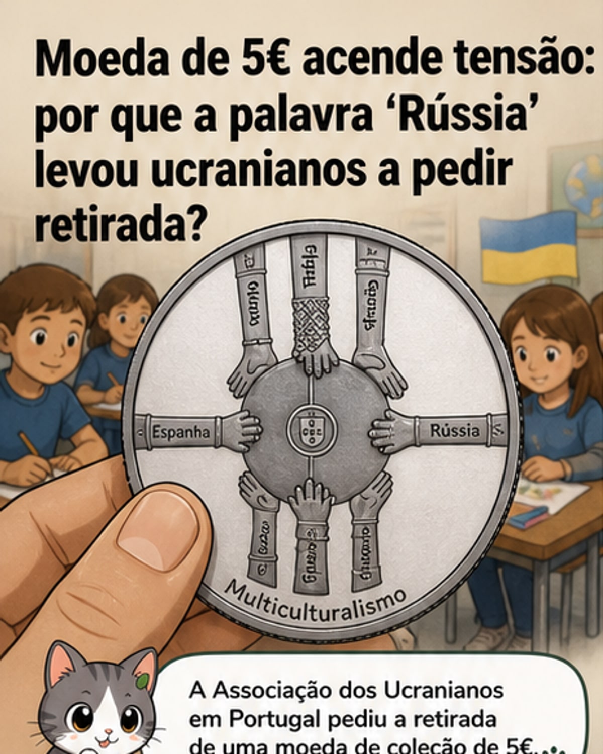 Ilustração de uma moeda com mãos entrelaçadas formando o contorno de Portugal, com inscrições de diferentes nacionalidades, incluindo 'Rússia'.
