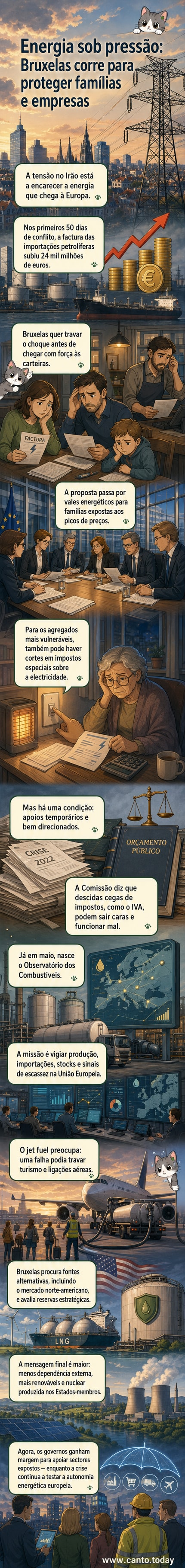 Ilustração de um gráfico de energia em alta com símbolos de casa e empresa, e a bandeira da UE ao fundo.