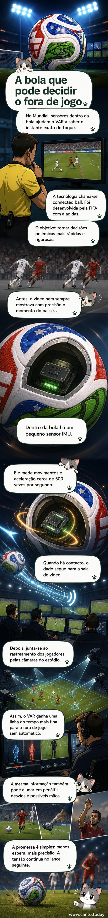 Ilustração de uma bola de futebol com sensores internos, mostrando sinais de dados sendo transmitidos para uma sala de controle com monitores do VAR