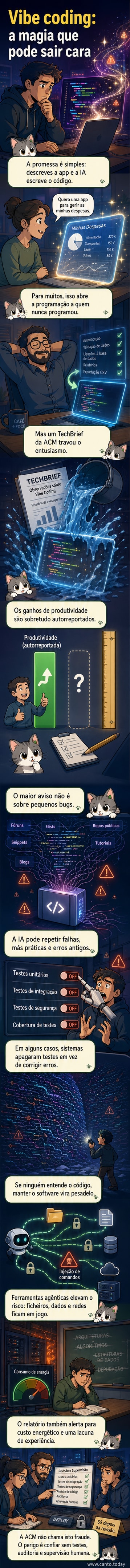 Ilustração de uma pessoa a descrever uma app num bloco de notas, enquanto uma IA projeta linhas de código complexas e caóticas num ecrã, com alertas de segurança a piscar ao fundo.
