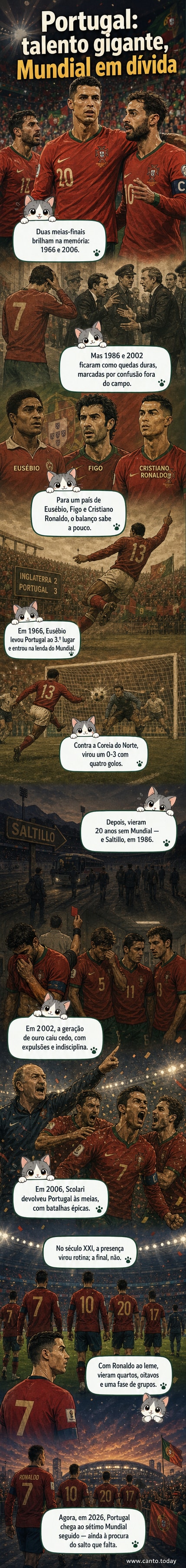 Ilustração de um jogador português de costas, olhando para um campo vazio com a bandeira de Portugal ao fundo, simbolizando altos e baixos históricos da seleção em Mundiais.