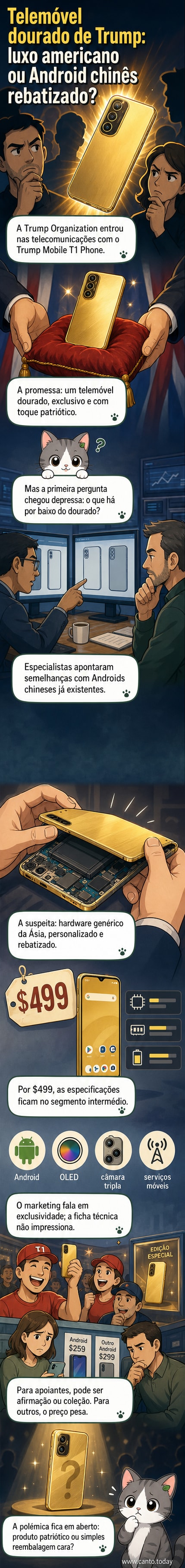 Smartphone dourado com logótipo 'Trump' na parte traseira, sobre fundo preto, com ícones de bandeira americana e circuito integrado ao fundo.