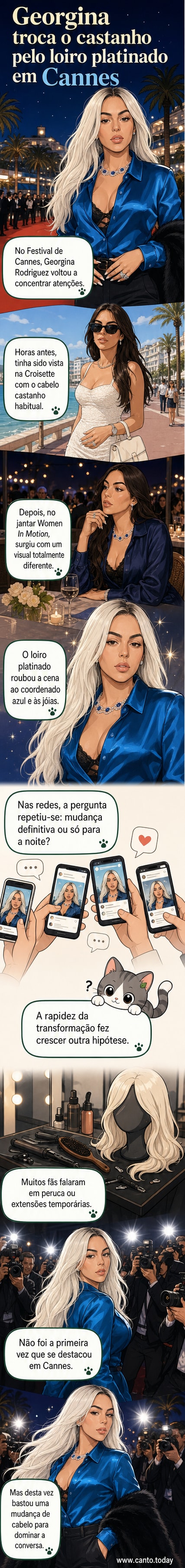 Georgina Rodríguez em evento em Cannes com cabelo loiro platinado, usando vestido escuro e jóias, sob luzes de tapete vermelho.