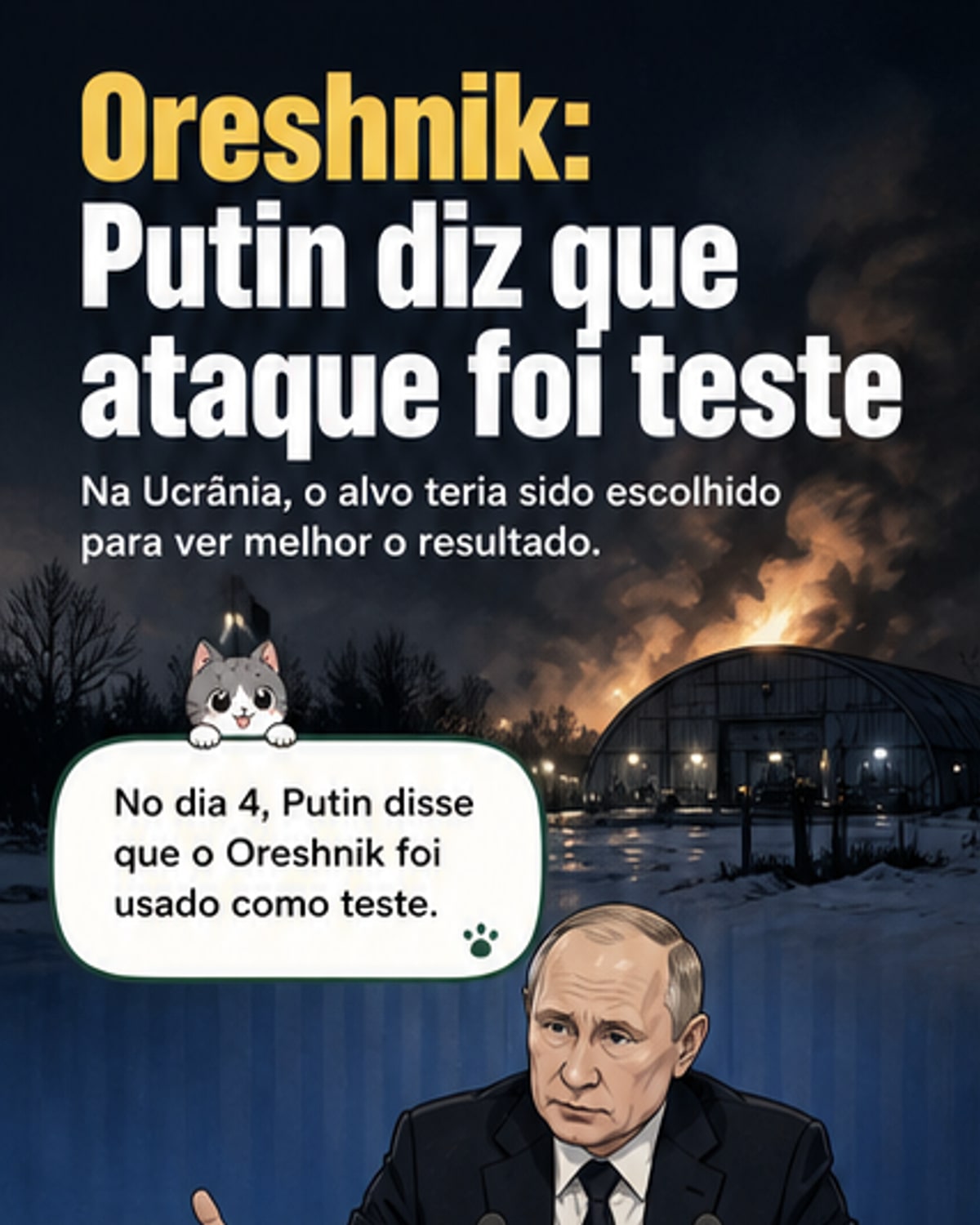 Ilustração de um míssil balístico russo Oreshnik em voo noturno sobre a Ucrânia, com drones militares sobrevoando um hangar danificado no solo, ao fundo uma usina nuclear com equipes de reparo sob supervisão internacional.