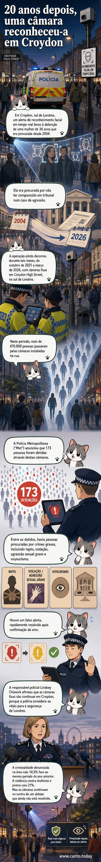 Ilustração de uma câmara de vigilância com reconhecimento facial destacando o rosto de uma mulher em meio a uma rua movimentada de Londres, com a legenda 'Detida após 20 anos'.