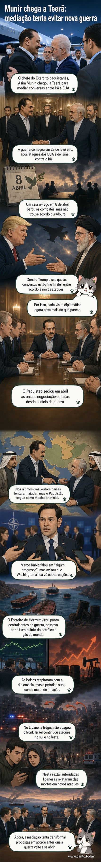 Ilustração de um general paquistanês chegando a Teerã para negociações, com representações do Estreito de Hormuz e do Líbano em segundo plano.