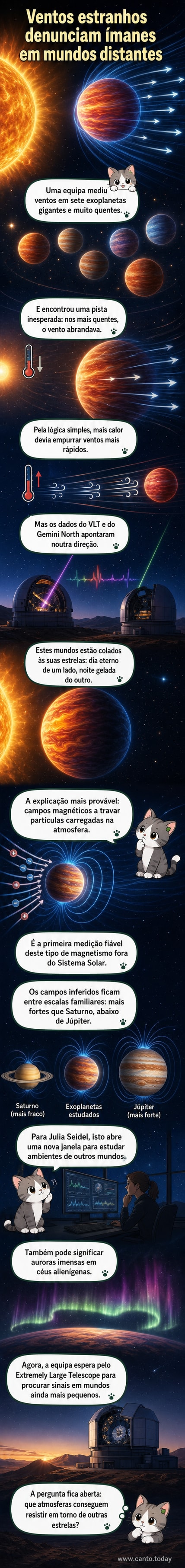 Ilustração de um exoplaneta com um lado escaldante voltado para sua estrela e o outro em noite eterna, com ventos intensos e auroras coloridas provocadas por um forte campo magnético.