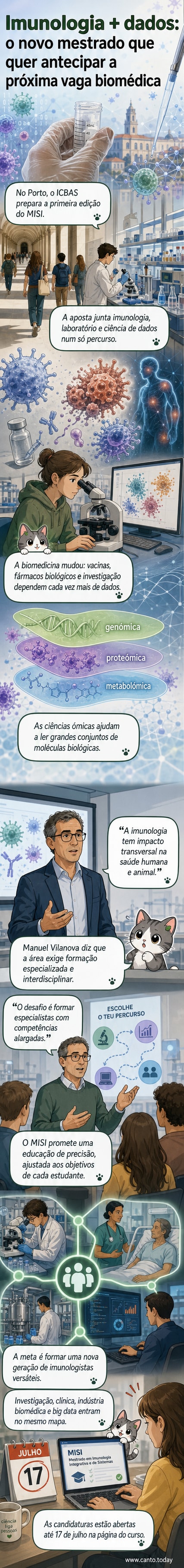 Ilustração de um estudante analisando dados imunológicos em um laboratório com gráficos e moléculas ao fundo