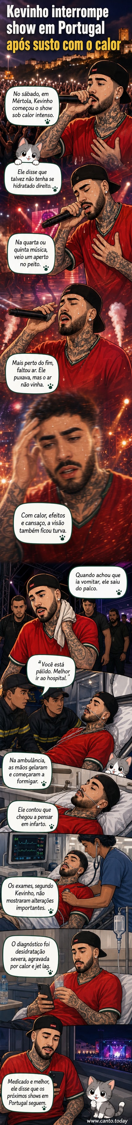 Cantor Kevinho no palco durante show em Portugal, visivelmente abalado, com luzes coloridas ao fundo e equipe de apoio por perto.