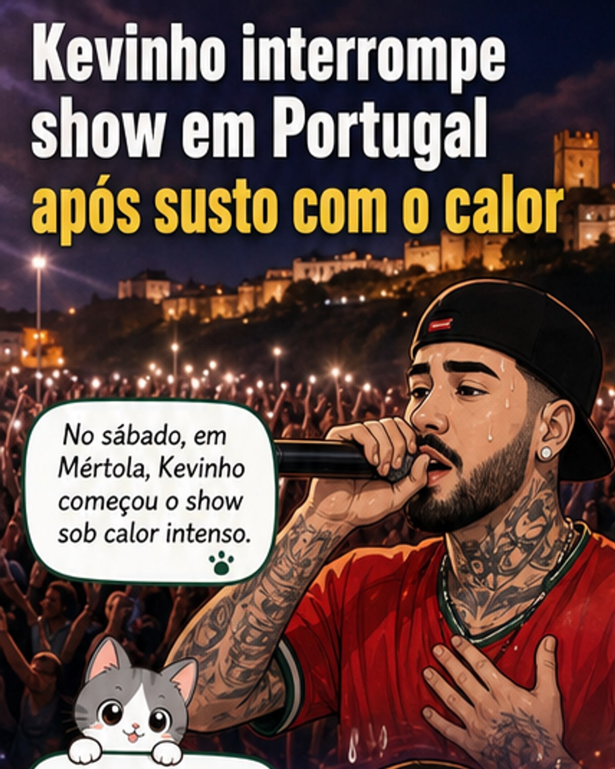 Cantor Kevinho no palco durante show em Portugal, visivelmente abalado, com luzes coloridas ao fundo e equipe de apoio por perto.