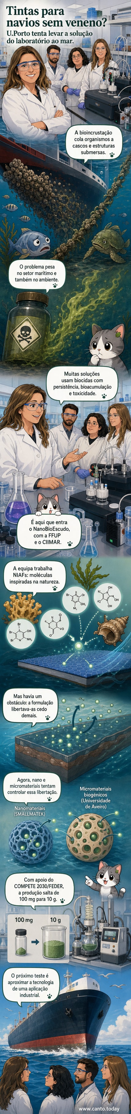 Laboratório da U.Porto com cientistas manipulando tubos de ensaio, ao fundo imagem de casco de navio com moléculas e nanomateriais em destaque