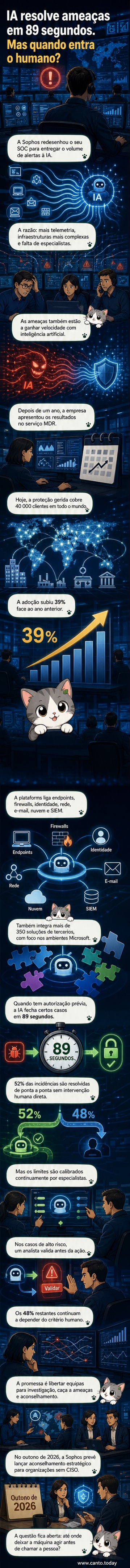 Painel de controle digital mostrando alertas de segurança sendo resolvidos por IA em menos de 90 segundos, com agentes autónomos atuando em rede global.